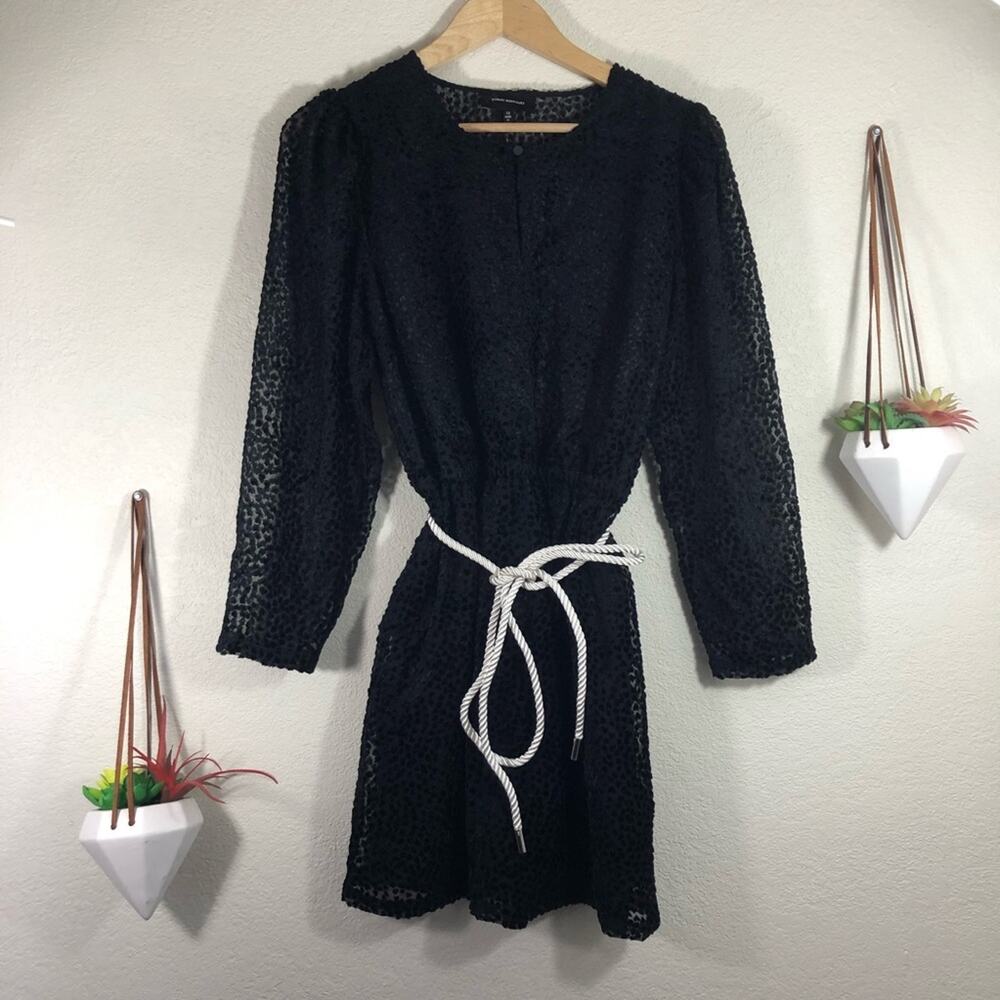 Robert Rodriguez Pauline black textured sheer mini dress rope waist sash NEW 12